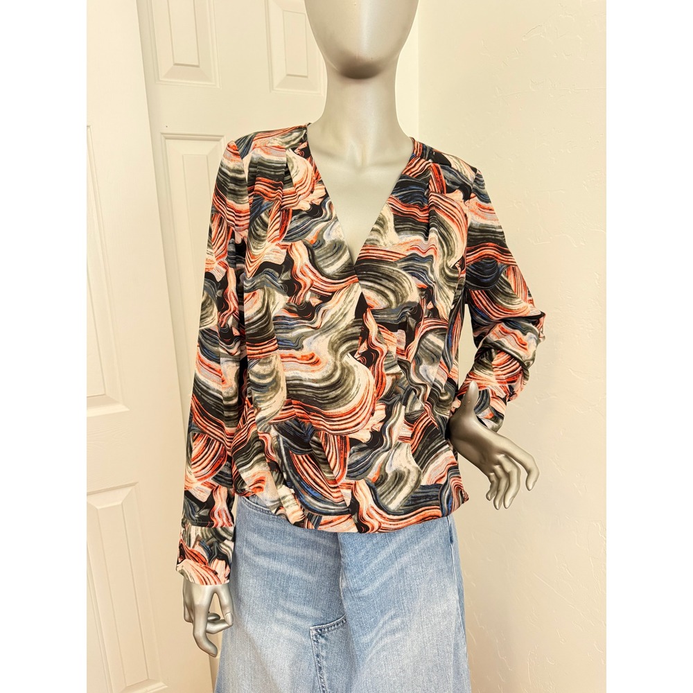 Halogen Abstract Marble Print Faux Wrap Blouse‎ V-Neck Long Sleeve Multicolor S